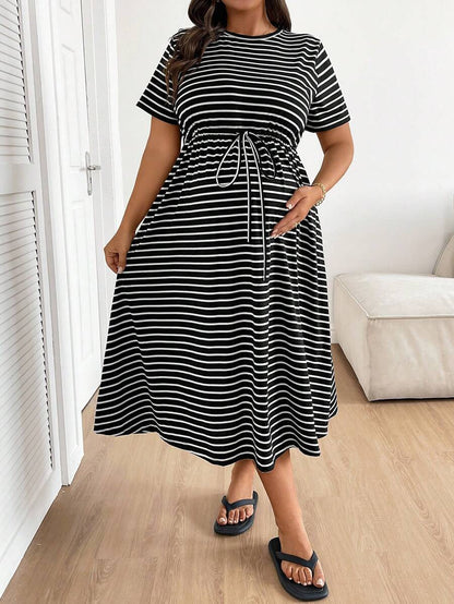 Plus Size Maternity Striped Midi Dress - Round Neck, Short Sleeve, Drawstring, High Waist, Black