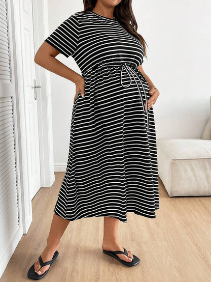 Plus Size Maternity Striped Midi Dress - Round Neck, Short Sleeve, Drawstring, High Waist, Black