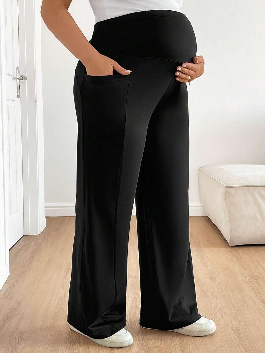 Plus Size Maternity Wide Leg Pants - Adjustable Ultra High Waist, Army Green