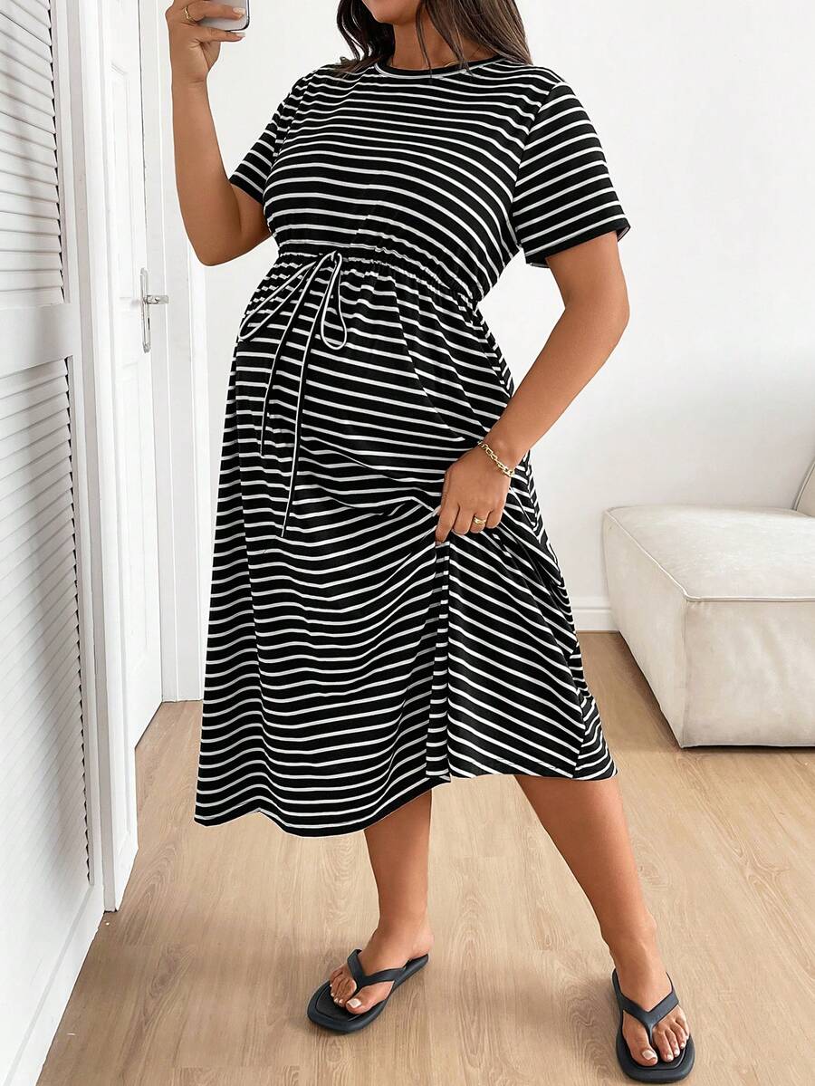 Plus Size Maternity Striped Midi Dress - Round Neck, Short Sleeve, Drawstring, High Waist, Black
