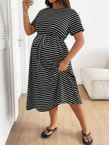 Plus Size Maternity Striped Midi Dress - Round Neck, Short Sleeve, Drawstring, High Waist, Black