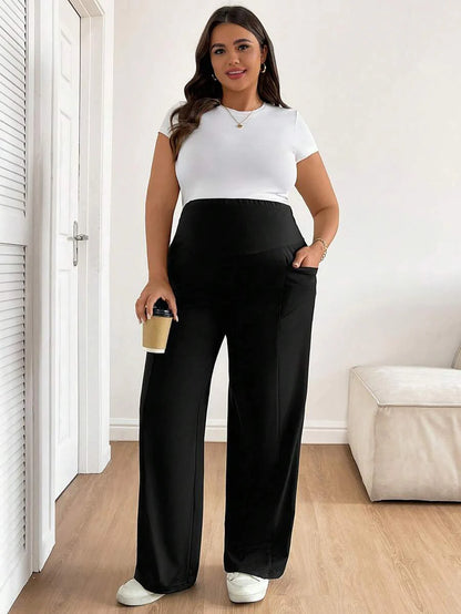 Plus Size Maternity Wide Leg Pants - Adjustable Ultra High Waist, Army Green