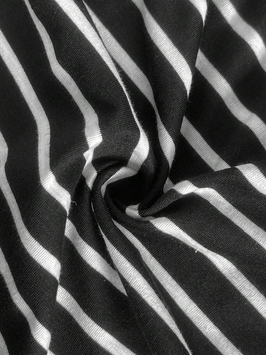 Plus Size Maternity Striped Midi Dress - Round Neck, Short Sleeve, Drawstring, High Waist, Black