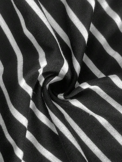 Plus Size Maternity Striped Midi Dress - Round Neck, Short Sleeve, Drawstring, High Waist, Black