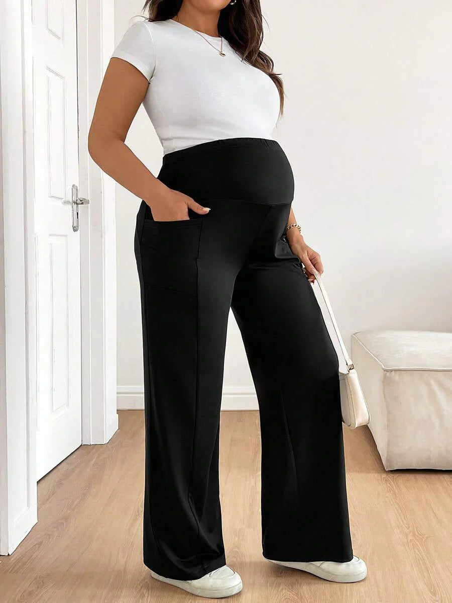 Plus Size Maternity Wide Leg Pants - Adjustable Ultra High Waist, Army Green