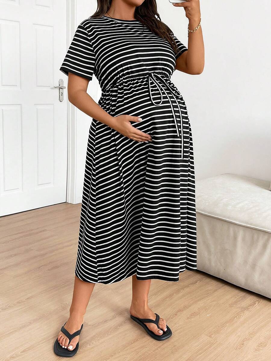 Plus Size Maternity Striped Midi Dress - Round Neck, Short Sleeve, Drawstring, High Waist, Black