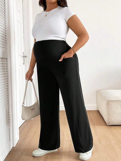 Plus Size Maternity Wide Leg Pants - Adjustable Ultra High Waist, Army Green