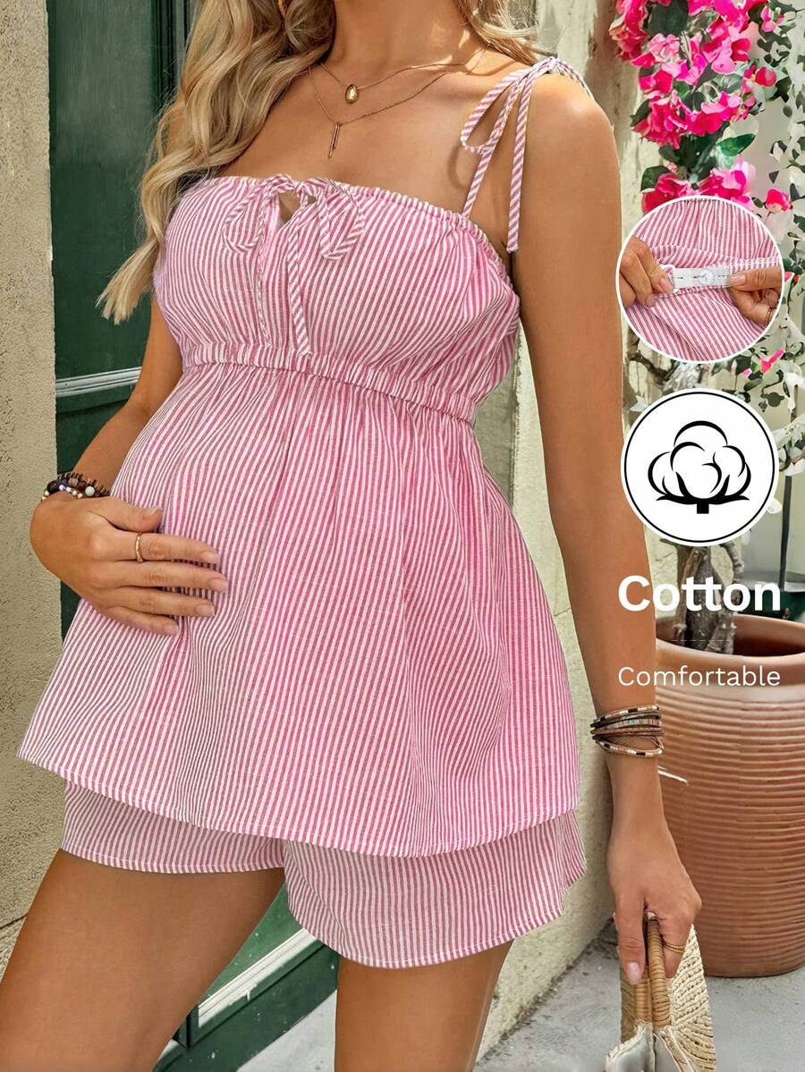 Maternity Vacation Set 2 Pack - Striped Tie Front Cami and Adjustable Shorts, Summer Loungewear