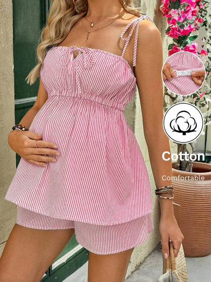 Maternity Vacation Set 2 Pack - Striped Tie Front Cami and Adjustable Shorts, Summer Loungewear