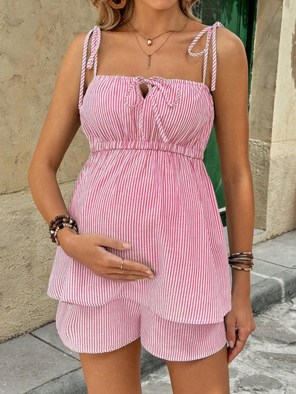 Maternity Vacation Set 2 Pack - Striped Tie Front Cami and Adjustable Shorts, Summer Loungewear