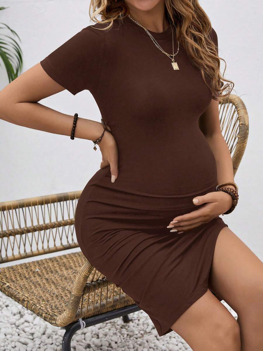 Maternity Short Sleeve Ruched Bodycon Dress - Blue Round Neck Side Slit Casual Knee-Length Pencil Dress