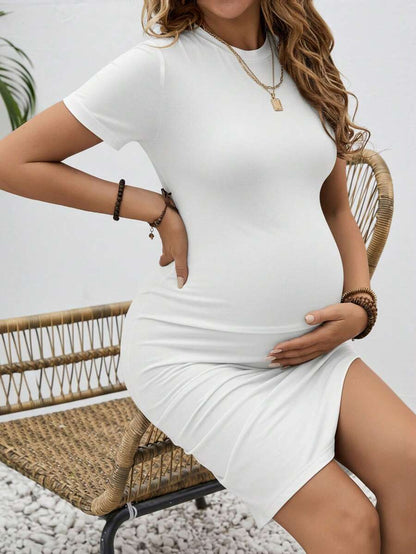Maternity Short Sleeve Ruched Bodycon Dress - Blue Round Neck Side Slit Casual Knee-Length Pencil Dress