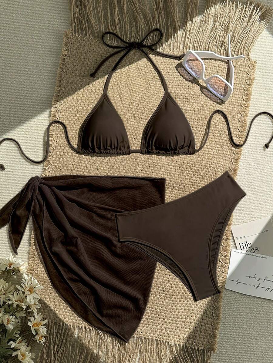 Women's 3-Piece Solid Halter Bikini Set - Knot Detail, Skirt Cover-Up, Triangle Cup, Red