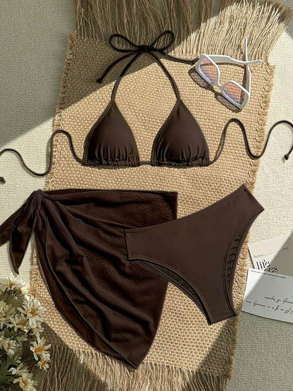 Women's 3-Piece Solid Halter Bikini Set - Knot Detail, Skirt Cover-Up, Triangle Cup, Red
