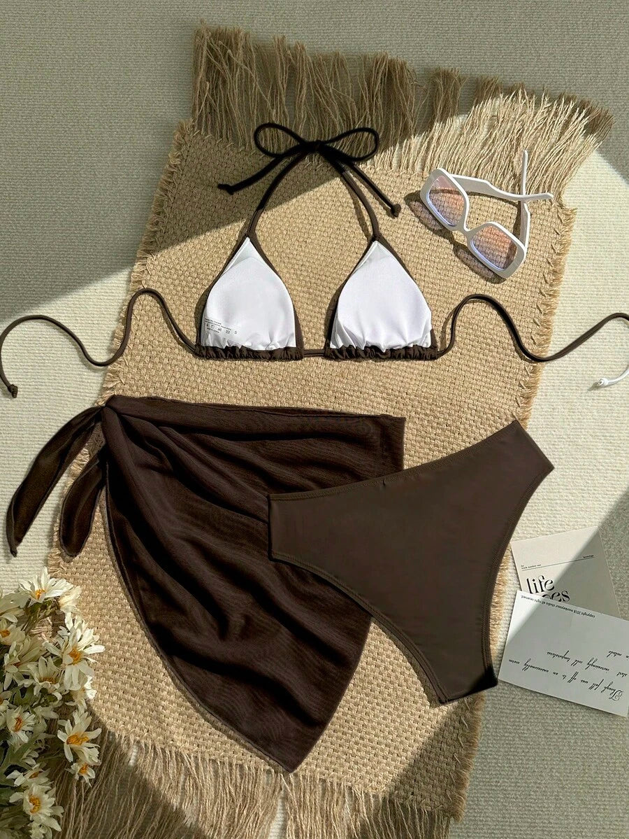 Women's 3-Piece Solid Halter Bikini Set - Knot Detail, Skirt Cover-Up, Triangle Cup, Red