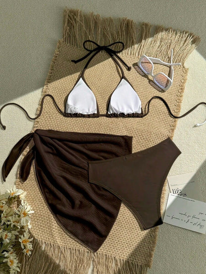 Women's 3-Piece Solid Halter Bikini Set - Knot Detail, Skirt Cover-Up, Triangle Cup, Red