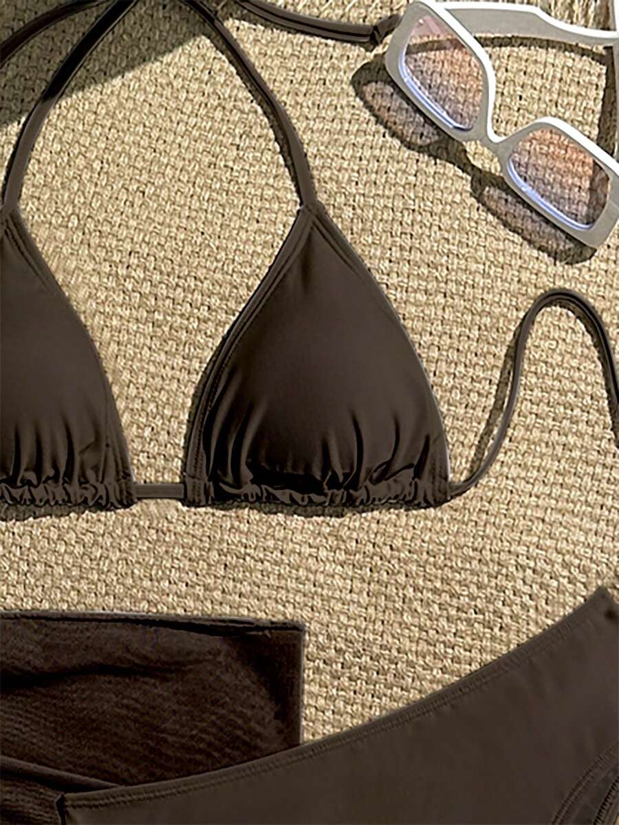 Women's 3-Piece Solid Halter Bikini Set - Knot Detail, Skirt Cover-Up, Triangle Cup, Red