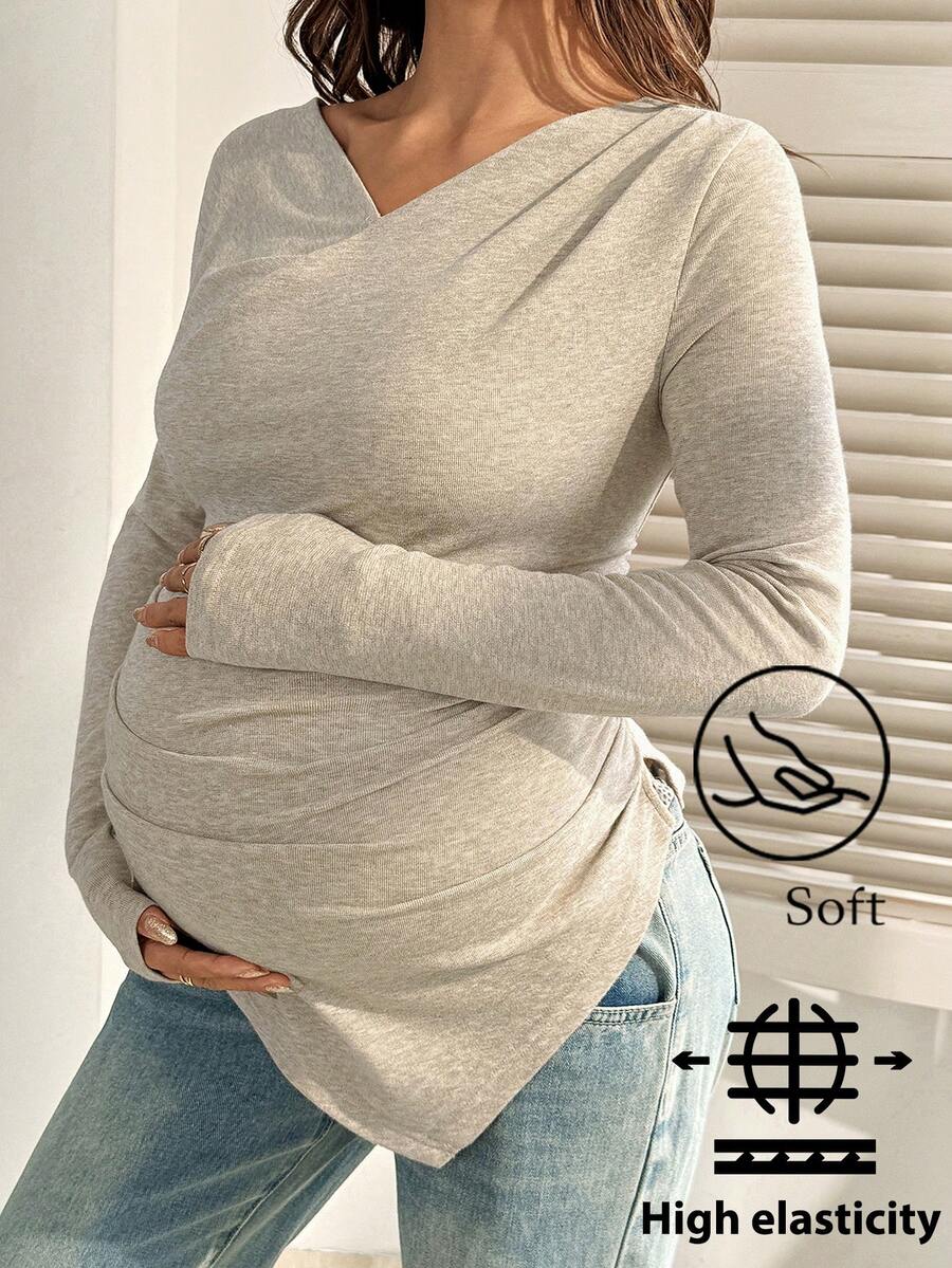 Maternity T-Shirt - Khaki V-Neck Long-Sleeved Ruffled Slim-Fit, Autumn Winter Maternity Wear