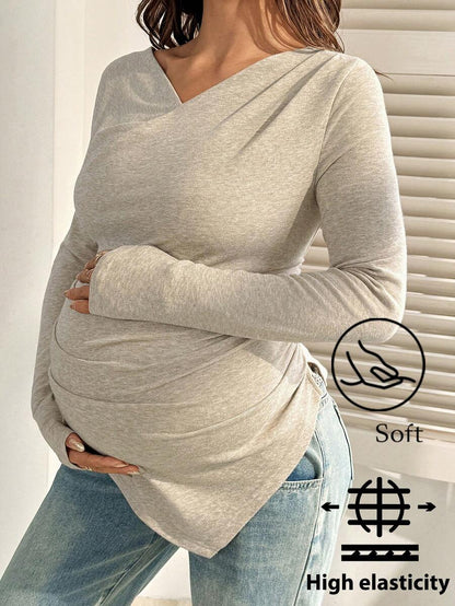 Maternity T-Shirt - Khaki V-Neck Long-Sleeved Ruffled Slim-Fit, Autumn Winter Maternity Wear