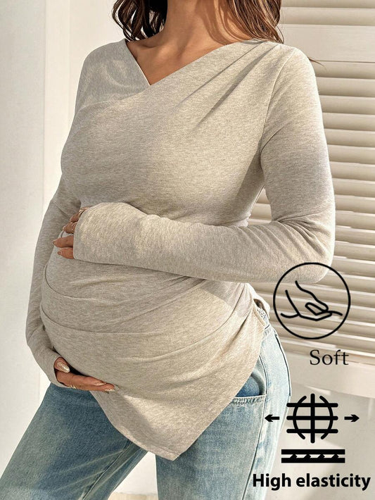 Maternity T-Shirt - Khaki V-Neck Long-Sleeved Ruffled Slim-Fit, Autumn Winter Maternity Wear