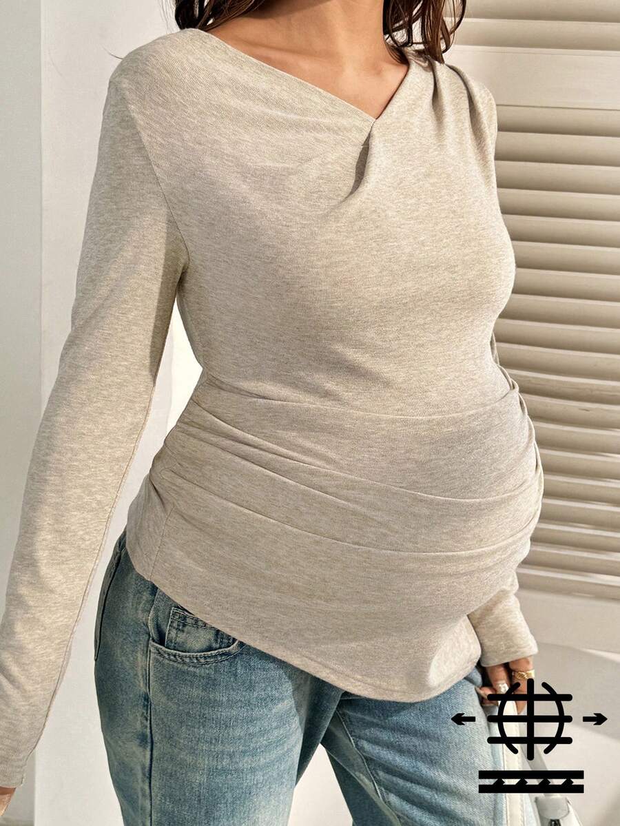 Maternity T-Shirt - Khaki V-Neck Long-Sleeved Ruffled Slim-Fit, Autumn Winter Maternity Wear
