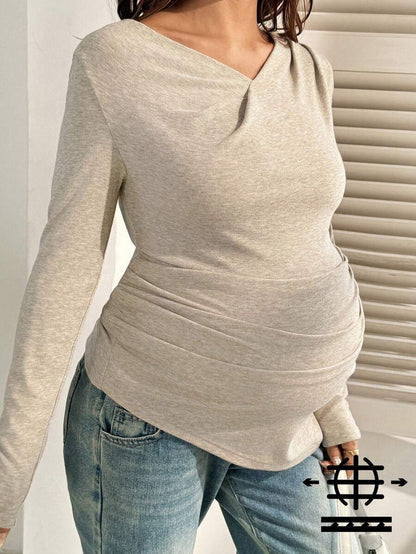 Maternity T-Shirt - Khaki V-Neck Long-Sleeved Ruffled Slim-Fit, Autumn Winter Maternity Wear
