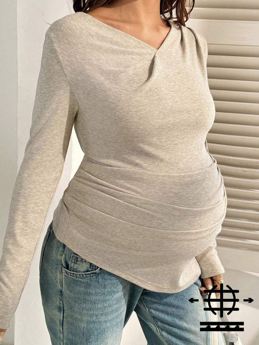 Maternity T-Shirt - Khaki V-Neck Long-Sleeved Ruffled Slim-Fit, Autumn Winter Maternity Wear