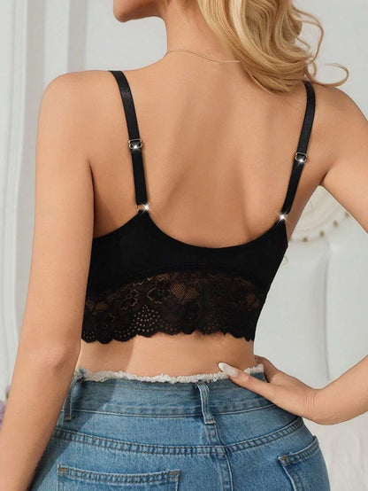 Black Lace Trim Nursing Bra - Maternity Wireless Non-Padded Camisole Bralette with Adjustable Straps - Comfortable Knitted Fabric