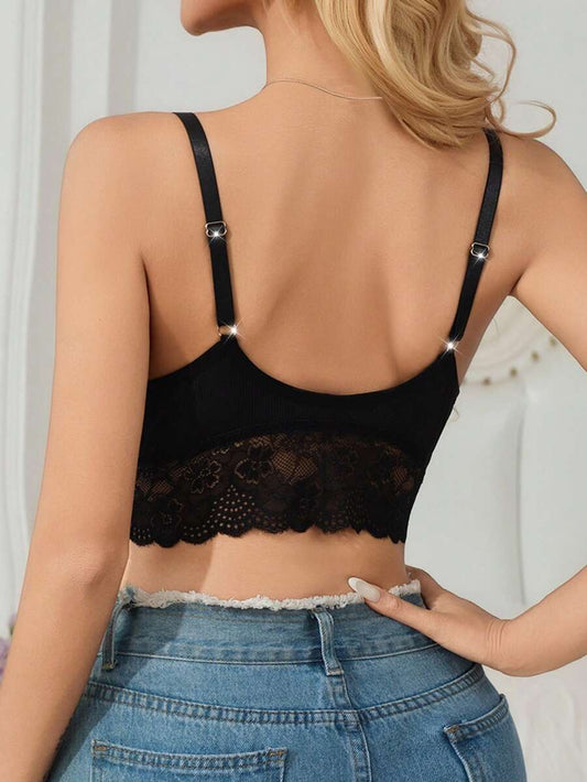 Black Lace Trim Nursing Bra - Maternity Wireless Non-Padded Camisole Bralette with Adjustable Straps - Comfortable Knitted Fabric