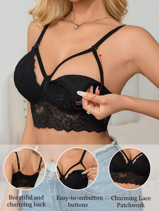 Black Lace Trim Nursing Bra - Maternity Wireless Non-Padded Camisole Bralette with Adjustable Straps - Comfortable Knitted Fabric