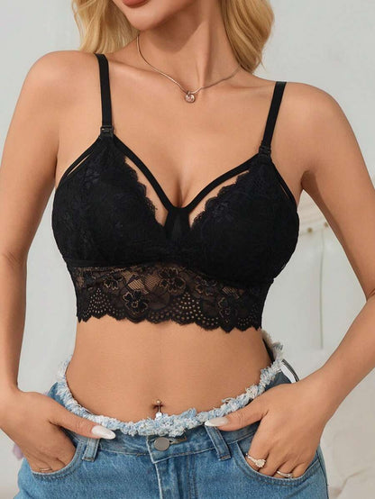Black Lace Trim Nursing Bra - Maternity Wireless Non-Padded Camisole Bralette with Adjustable Straps - Comfortable Knitted Fabric