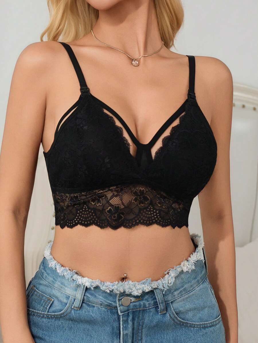 Black Lace Trim Nursing Bra - Maternity Wireless Non-Padded Camisole Bralette with Adjustable Straps - Comfortable Knitted Fabric
