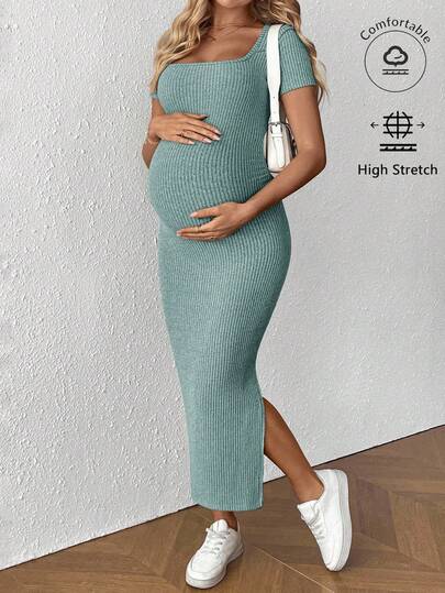 Maternity Square Neck Short Sleeve Midi Bodycon Dress with Side Slit - Sage Green Fitted Pregnancy Outfit - Soft Knit Maternity Wear