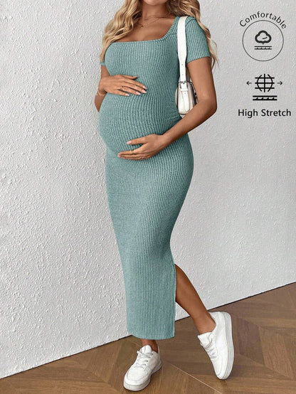 Maternity Square Neck Short Sleeve Midi Bodycon Dress with Side Slit - Sage Green Fitted Pregnancy Outfit - Soft Knit Maternity Wear