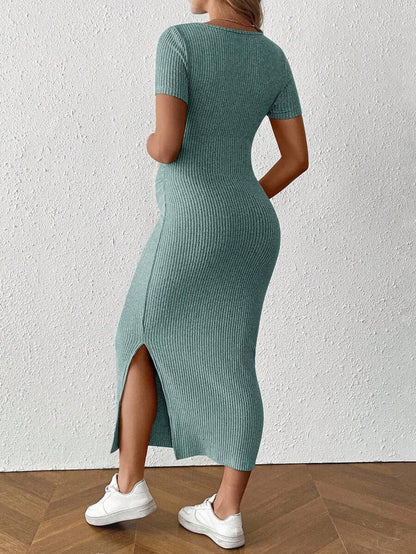 Maternity Square Neck Short Sleeve Midi Bodycon Dress with Side Slit - Sage Green Fitted Pregnancy Outfit - Soft Knit Maternity Wear
