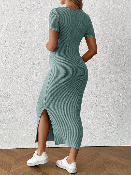 Maternity Square Neck Short Sleeve Midi Bodycon Dress with Side Slit - Sage Green Fitted Pregnancy Outfit - Soft Knit Maternity Wear
