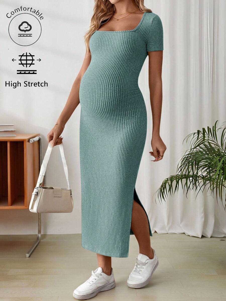 Maternity Square Neck Short Sleeve Midi Bodycon Dress with Side Slit - Sage Green Fitted Pregnancy Outfit - Soft Knit Maternity Wear