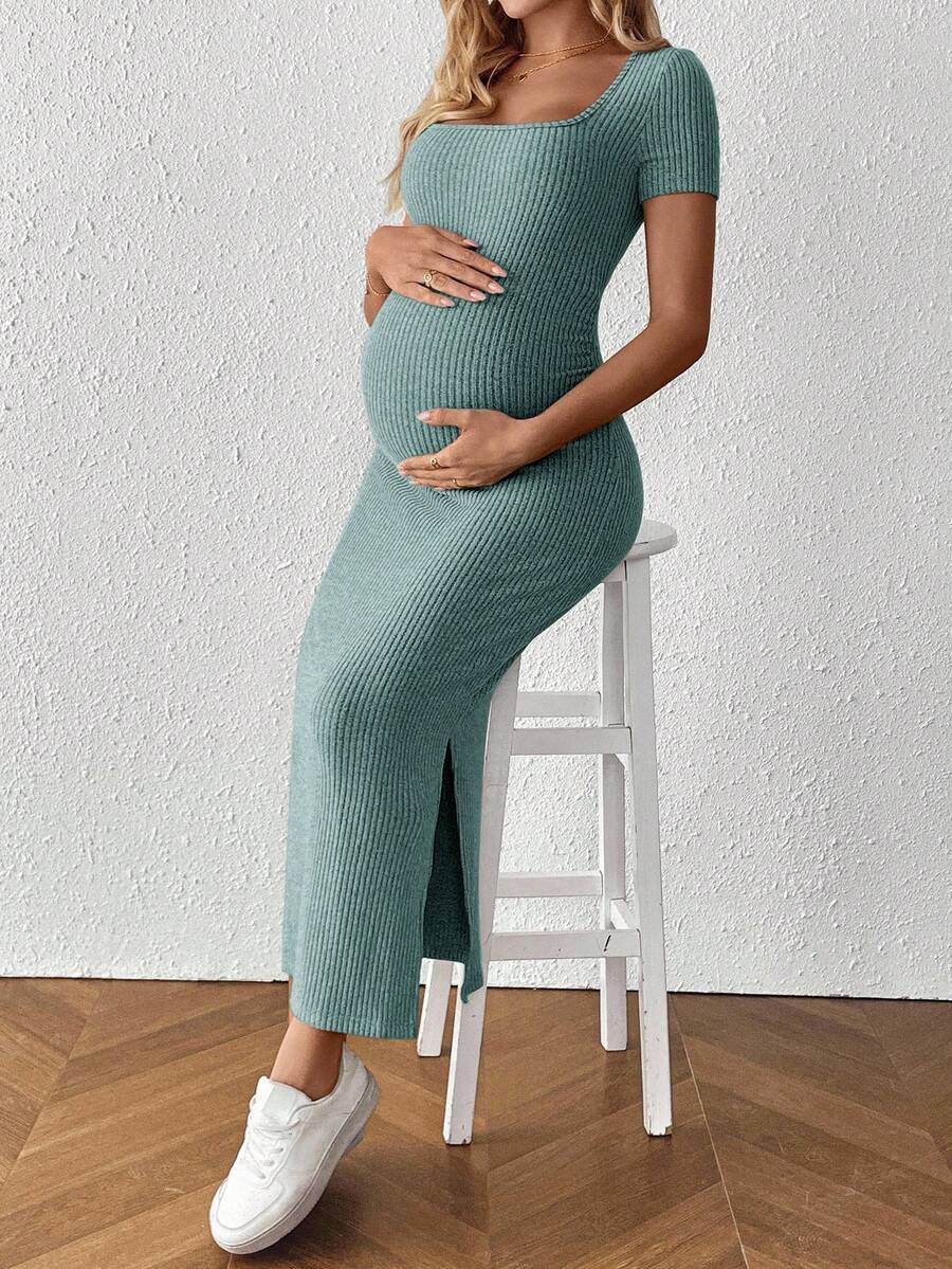 Maternity Square Neck Short Sleeve Midi Bodycon Dress with Side Slit - Sage Green Fitted Pregnancy Outfit - Soft Knit Maternity Wear