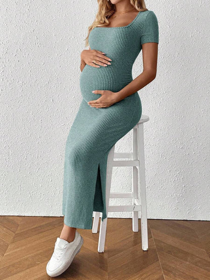 Maternity Square Neck Short Sleeve Midi Bodycon Dress with Side Slit - Sage Green Fitted Pregnancy Outfit - Soft Knit Maternity Wear