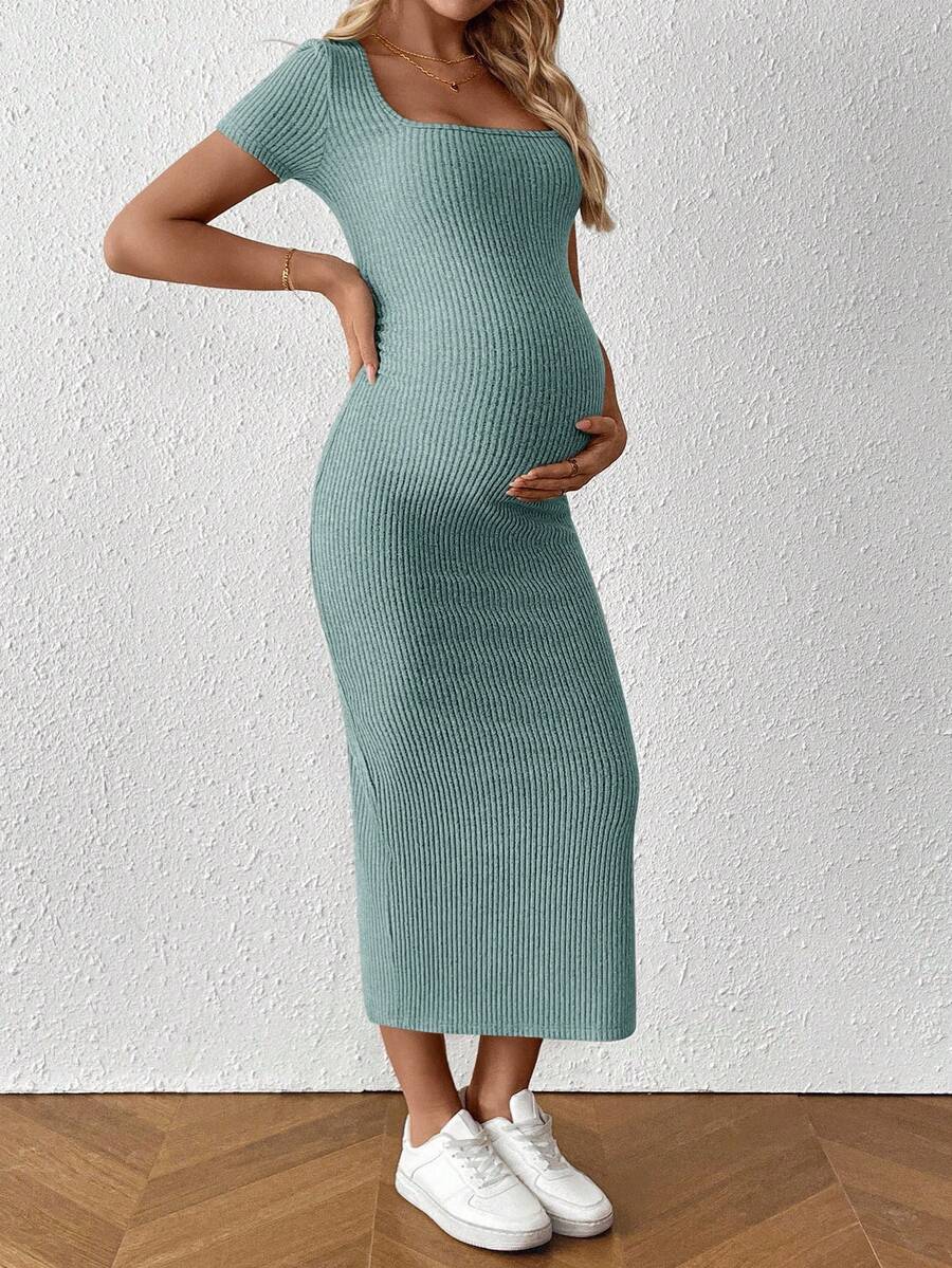 Maternity Square Neck Short Sleeve Midi Bodycon Dress with Side Slit - Sage Green Fitted Pregnancy Outfit - Soft Knit Maternity Wear