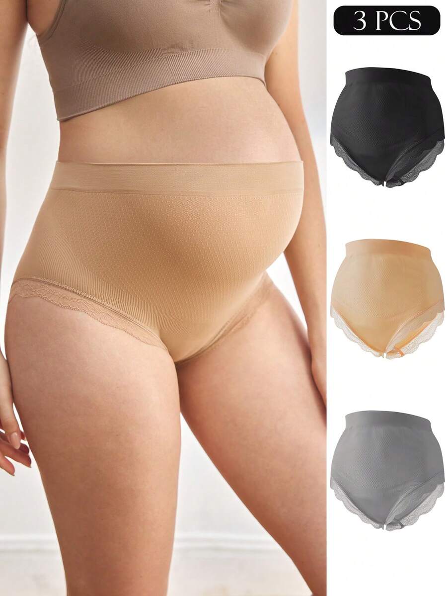 Maternity Briefs 3 Pack - Solid Color Lace Trim Casual Soft Stretch Pregnancy, Daily Wear
