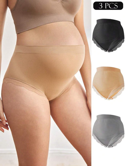 Maternity Underwear Set - Solid Color Lace Trim Casual Comfortable Seamless, Pregnancy