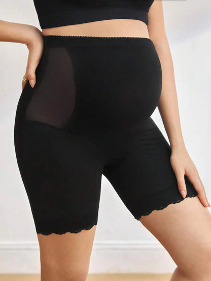 Mesh & Contrast Lace Seamless Maternity Shapewear Shorts - Solid Color