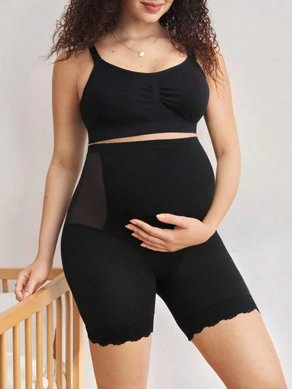 Mesh & Contrast Lace Seamless Maternity Shapewear Shorts - Solid Color