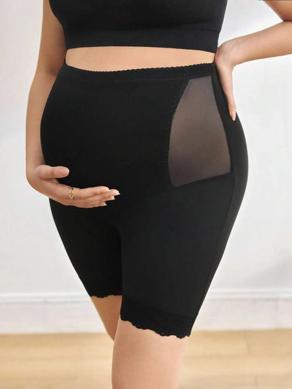 Mesh & Contrast Lace Seamless Maternity Shapewear Shorts - Solid Color