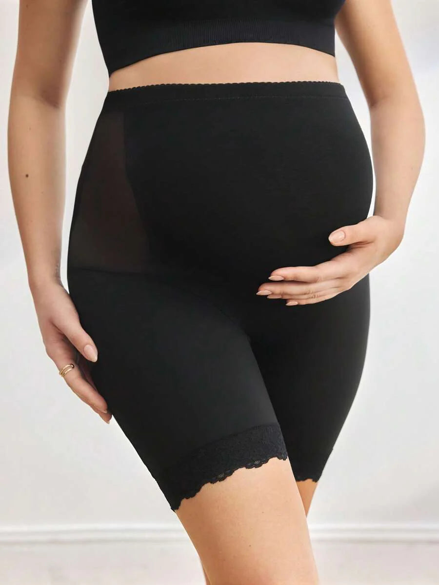 Mesh & Contrast Lace Seamless Maternity Shapewear Shorts - Solid Color