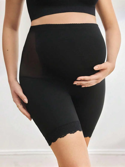 Mesh & Contrast Lace Seamless Maternity Shapewear Shorts - Solid Color