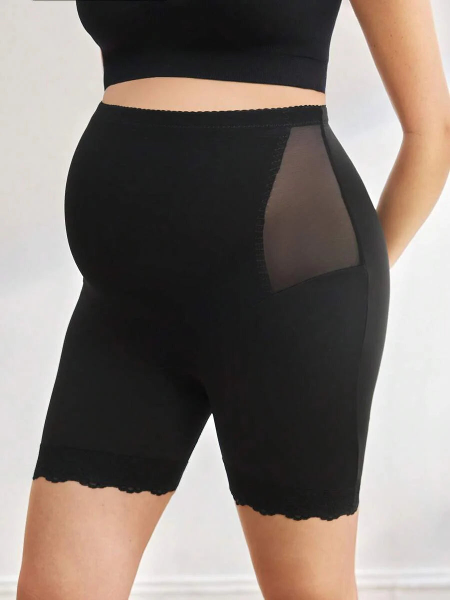 Mesh & Contrast Lace Seamless Maternity Shapewear Shorts - Solid Color