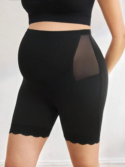 Mesh & Contrast Lace Seamless Maternity Shapewear Shorts - Solid Color