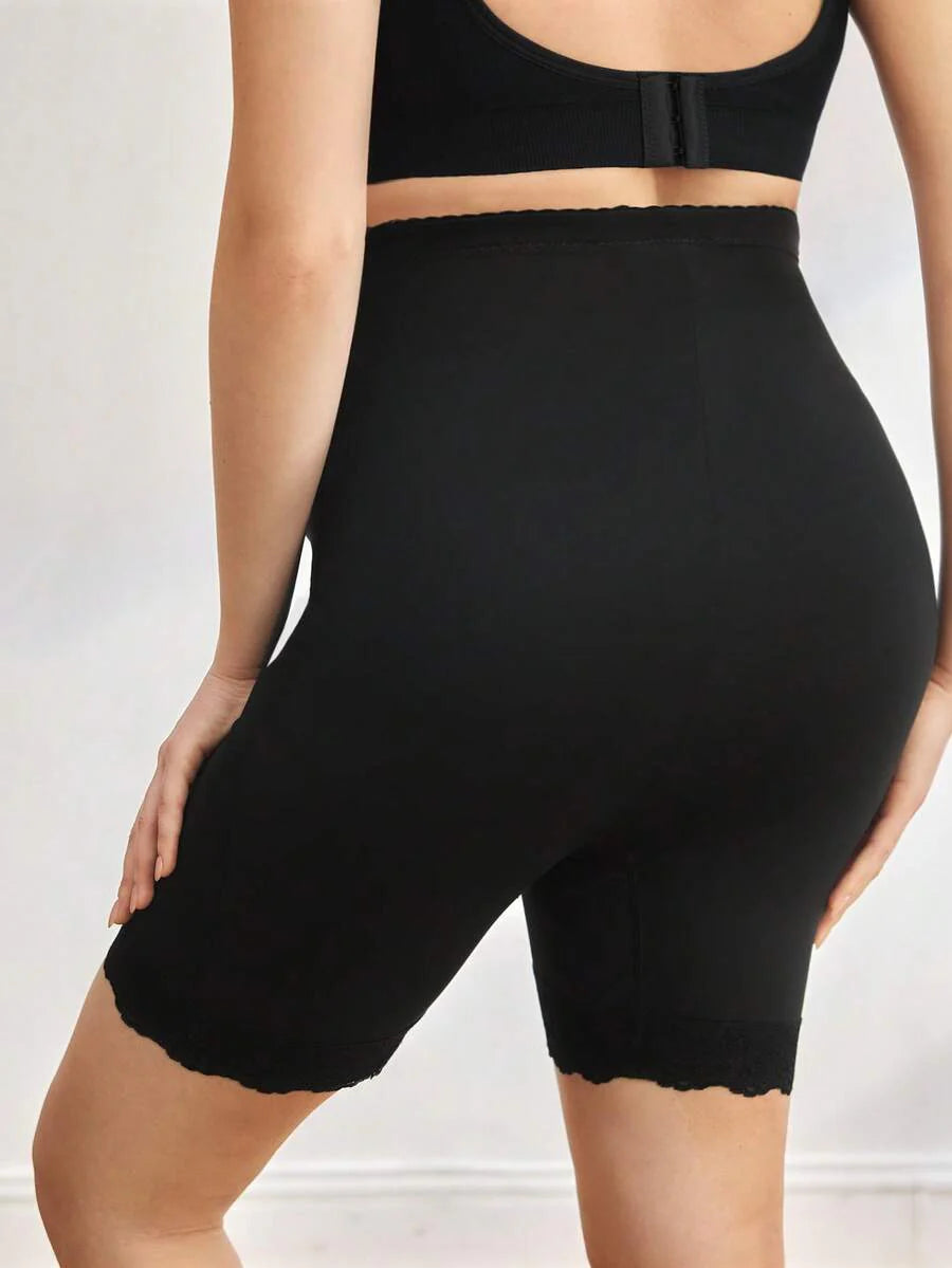 Mesh & Contrast Lace Seamless Maternity Shapewear Shorts - Solid Color